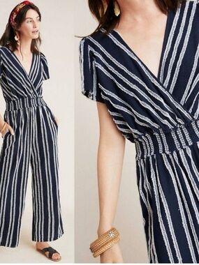 Anthropologie dolan Navy and White striped Canovas jumpsuit